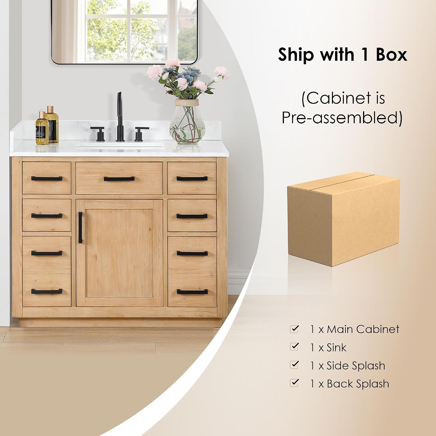 ALTAIR 42 Bathroom Vanity with Top and Sink Mordern Pedestal Single Vanities Light Brown Large Storge Cabinet with Ceramic Countertop Sidesplash and Backsplash Included Pre-Assembled