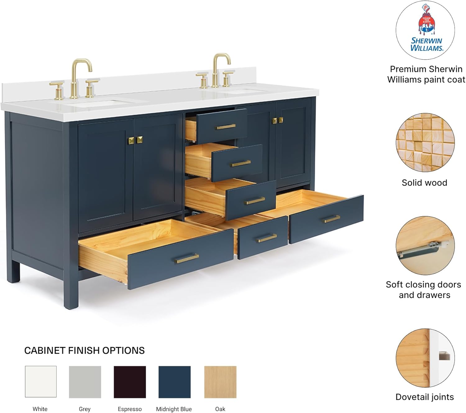 DKB Beckford 72 Inch Bathroom Vanity Double Sink — Midnight Blue Bathroom Vanity with Sink, 1.5' Edge Pure White Quartz Countertop & Backsplash, 4 Soft-Close Doors, 6 Dovetail Drawers