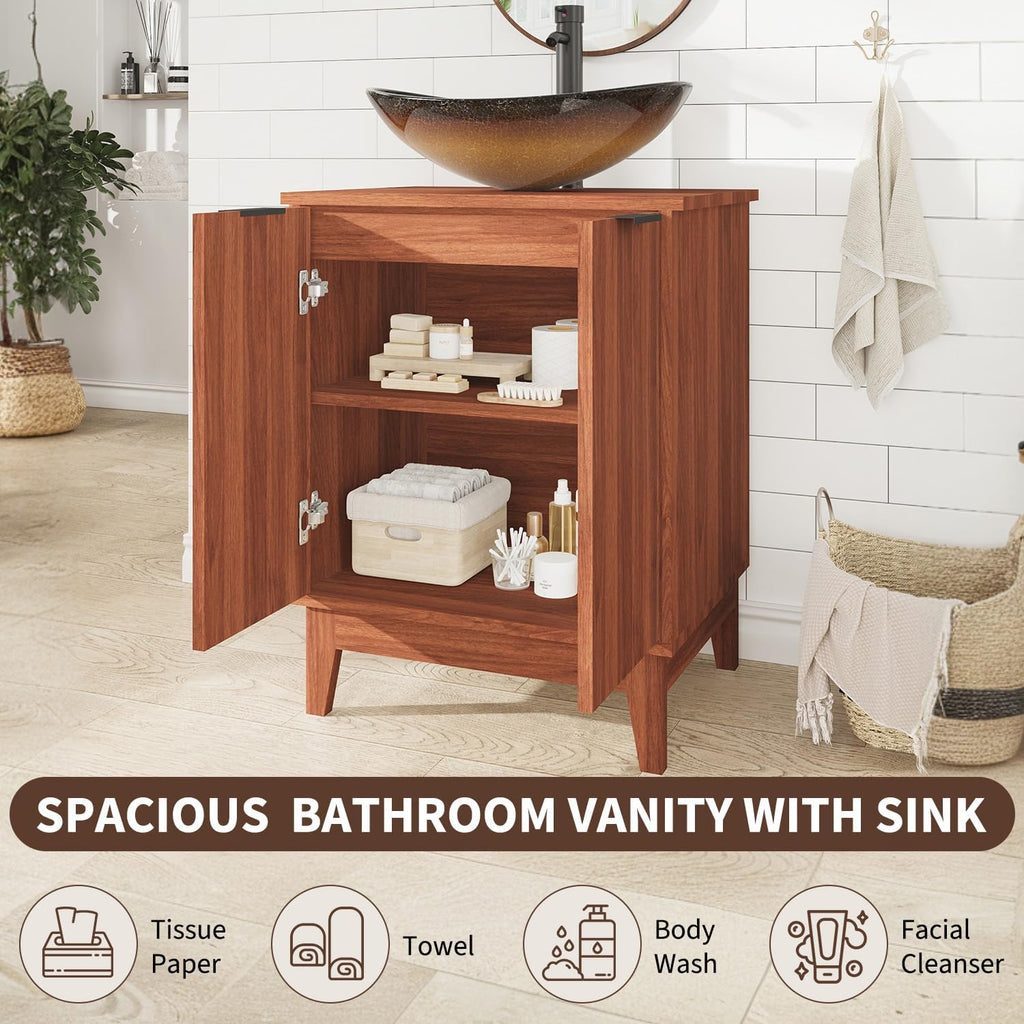 EROMMY 24 Inch Bathroom Vanity with Sink Combo, Bathroom Vanity with 2 Doors, Rustic Freestanding Bathroom Cabinet with Adjustable Shelf & Boat Glass Vessel Sink, Includes Water Tap & Sink Accessories