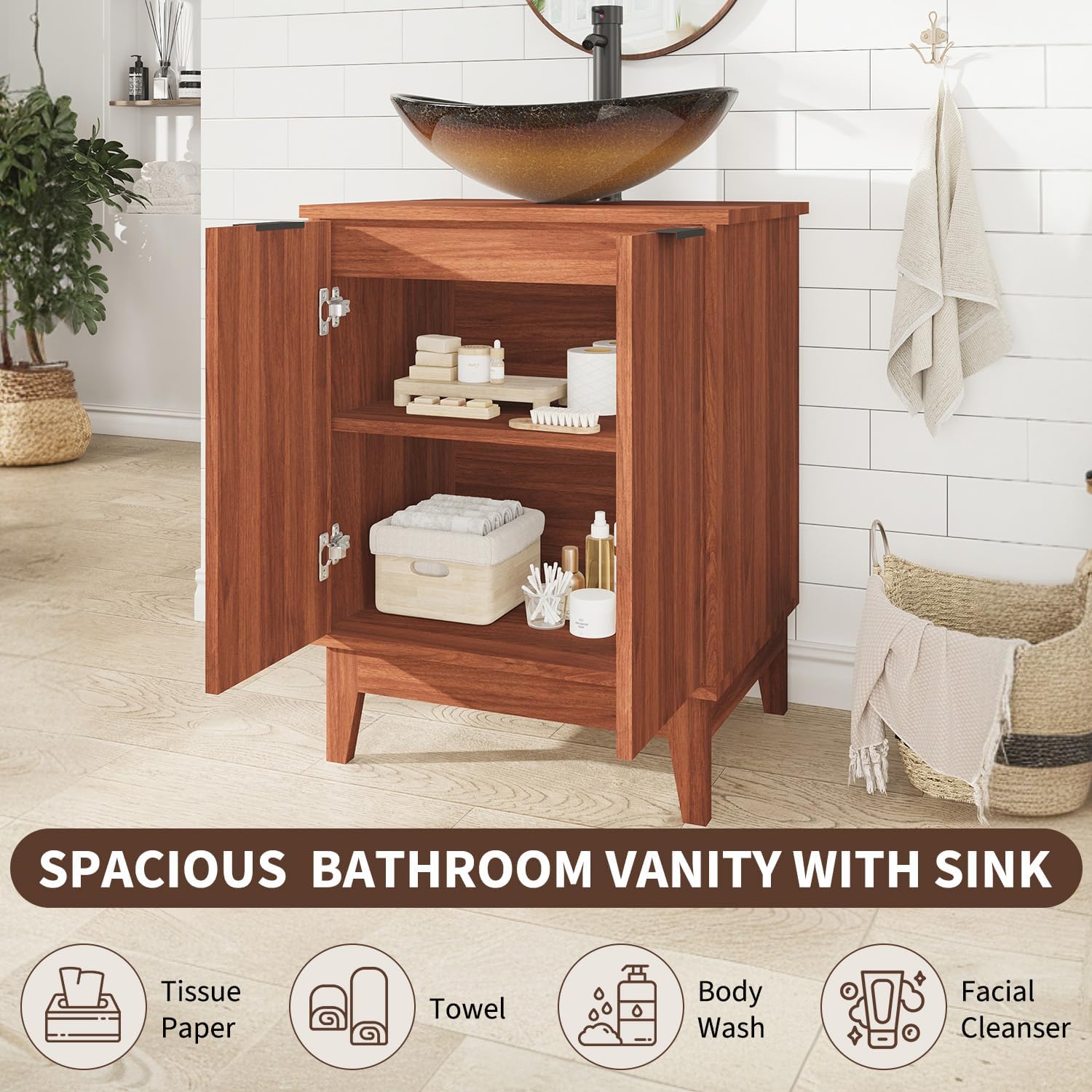 EROMMY 24 Inch Bathroom Vanity with Sink Combo, Bathroom Vanity with 2 Doors, Rustic Freestanding Bathroom Cabinet with Adjustable Shelf & Boat Glass Vessel Sink, Includes Water Tap & Sink Accessories