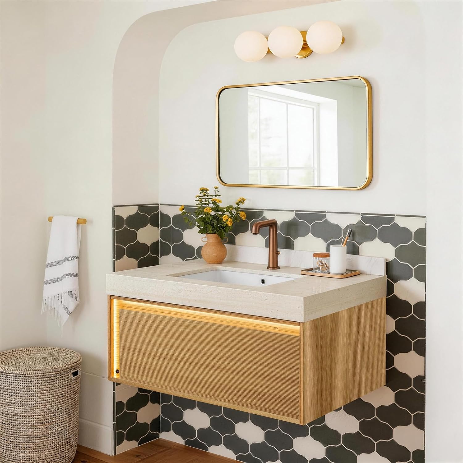 Eleshine 36' Floating Bathroom Vanity with Single Sink, Fluted Cabinet, Sensor LED Light, Roma Travertine Countertop, Light Oak, Pre-Assembled