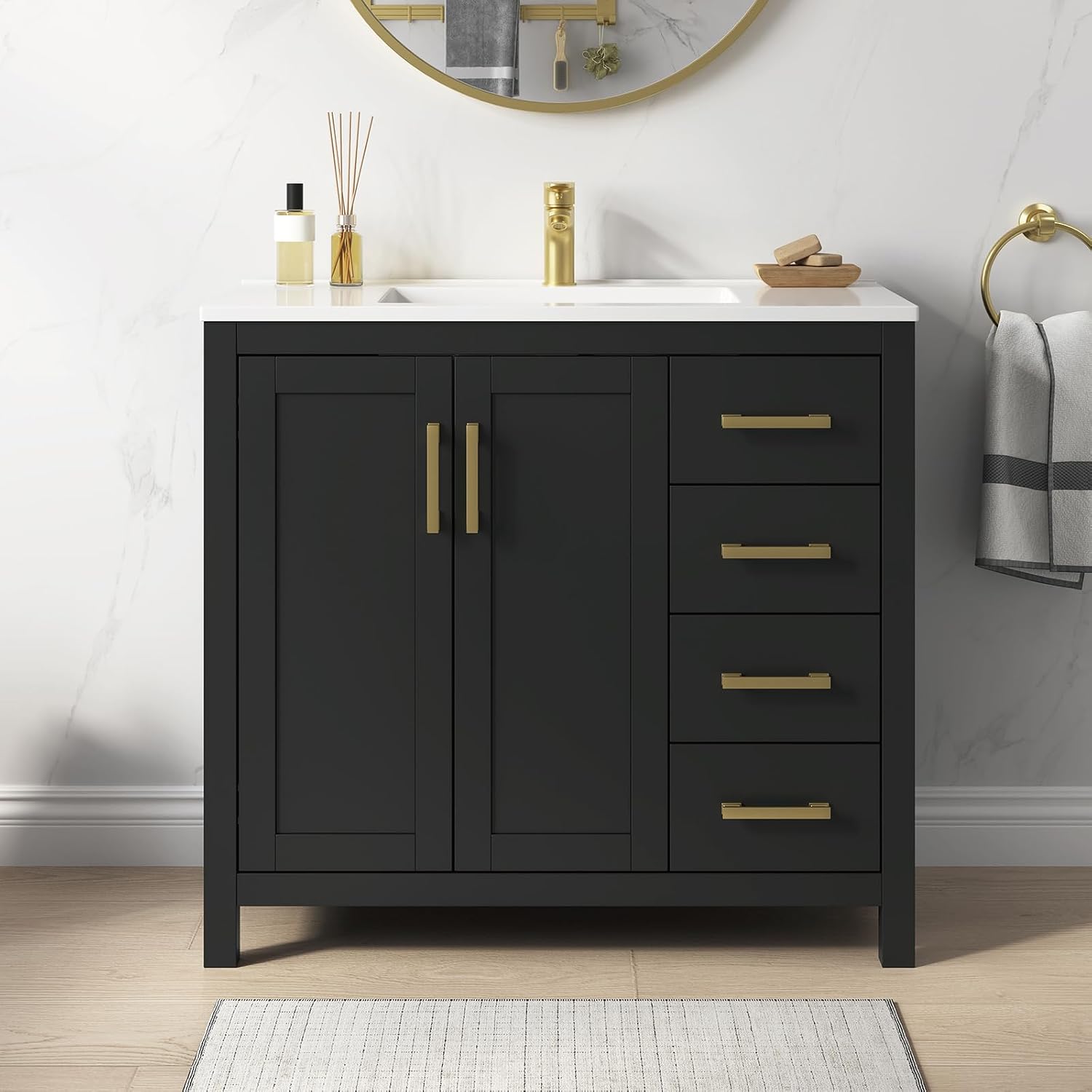 36 Inch Bathroom Vanity with Sink, Black Single Sink Bathroom Vanity with Adjustable Feet, Modern Bathroom Sink Cabinet with Soft-Closing Doors & Drawers, Integral Top