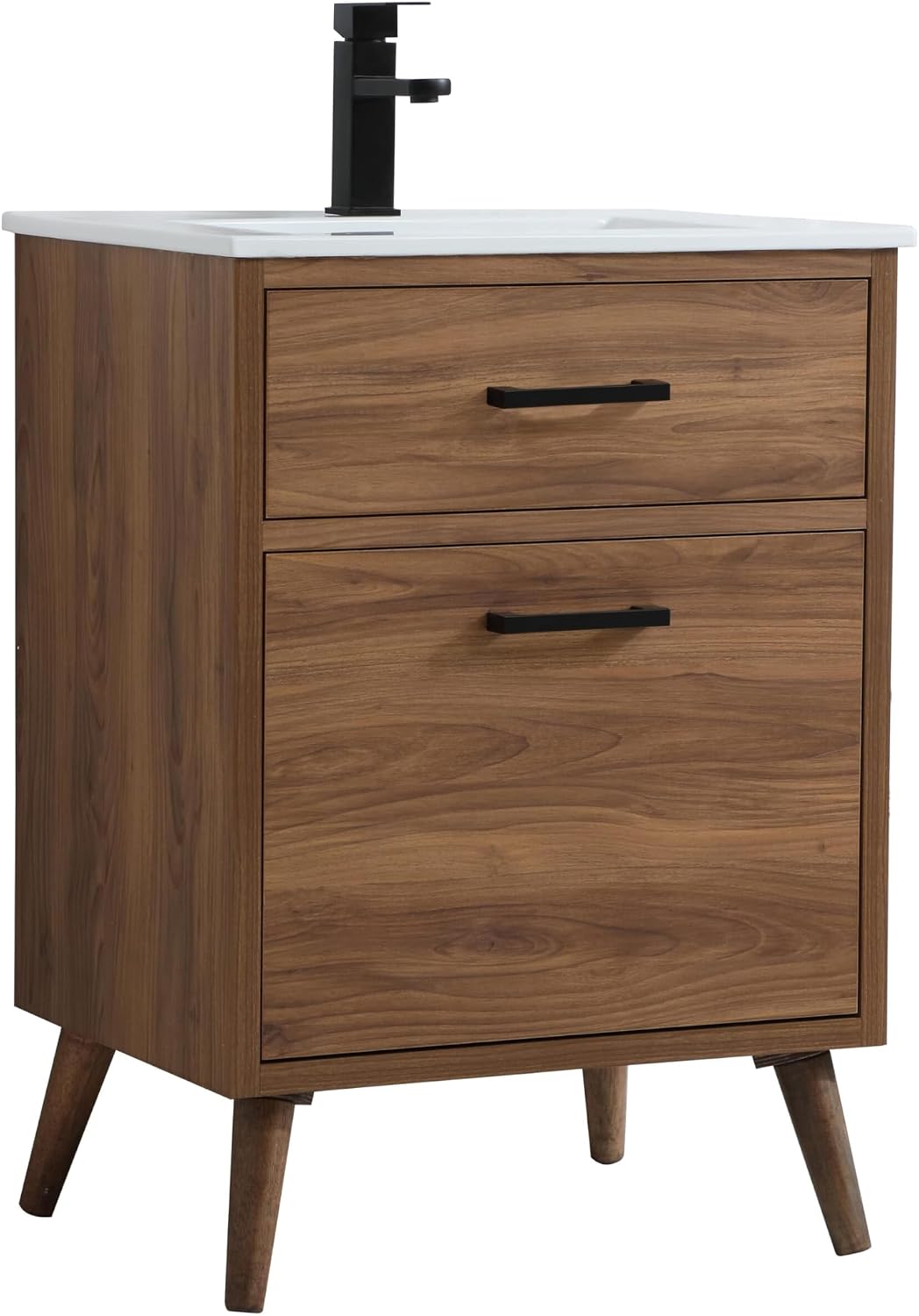 24' Pre-Assembled Bathroom Vanity with Sink, Engineered Wood, White Resin Countertop Attached, Single Rectangle Porcelain Sink, 1 Soft-Close Drawers, Walnut Brown