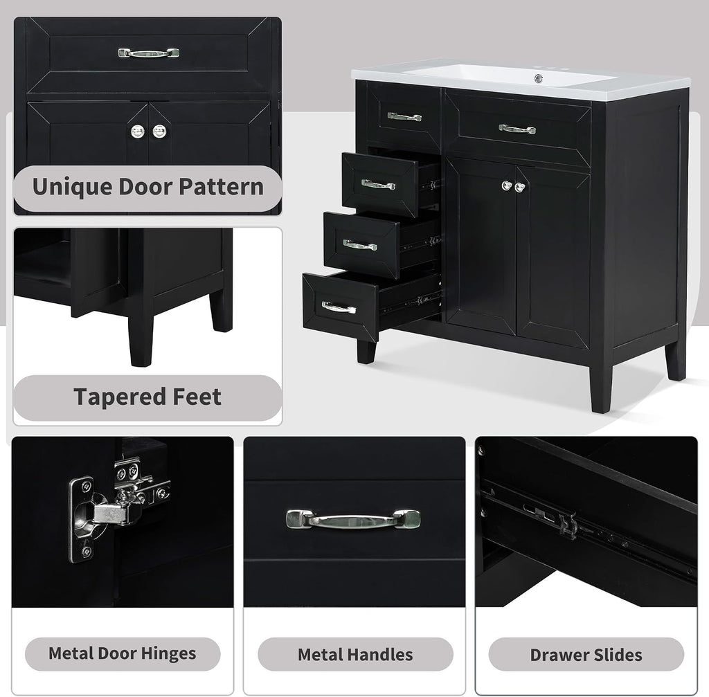 36' Bathroom Vanity with Sink Combo, Bathroom Cabinet with Drawers, Solid Frame and MDF Board,Black