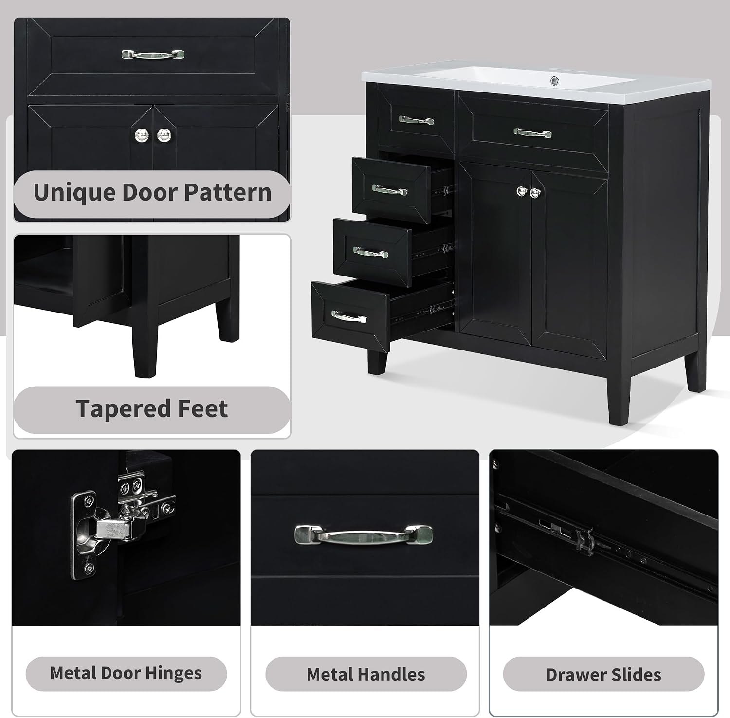 36' Bathroom Vanity with Sink Combo, Bathroom Cabinet with Drawers, Solid Frame and MDF Board,Black