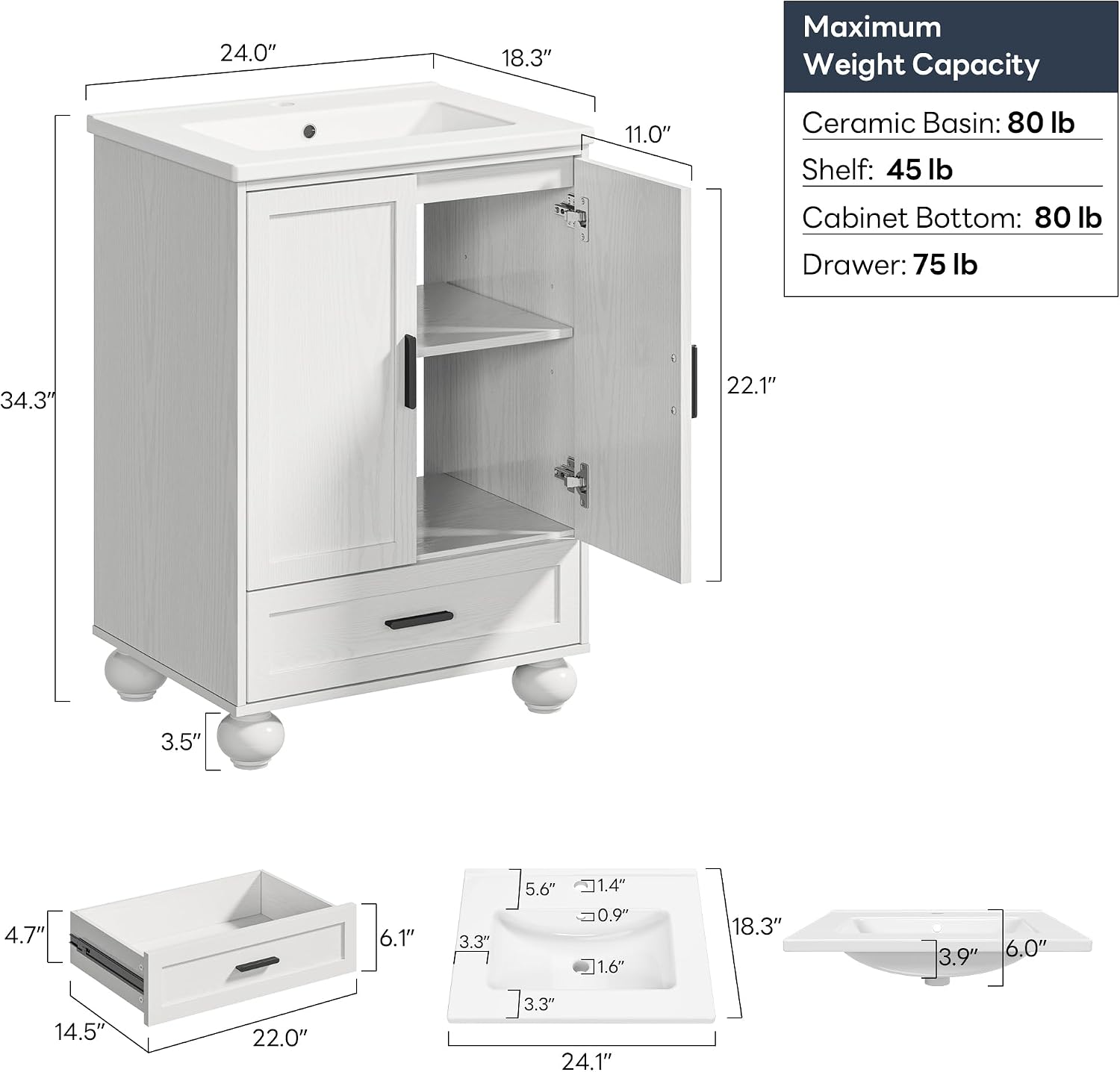 LIKIMIO 24' Bathroom Vanity with Ceramic Sink, Small Bathroom Storage Cabinet, 2 Doors 1 Drawer, 4 Solid Wood Legs, Fits 15-40 sqft Bathroom, White Freestanding Vanity Cabinet for Apartments, Rentals