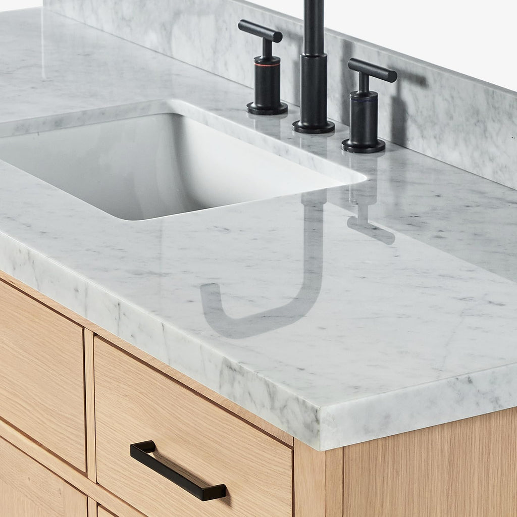 ARIEL Hepburn 60-inch Bathroom Vanity with Sink,Solid Wood, 1.5-inch Italian Carrara Marble Countertop, Single Rectangular Porcelain Sink, 2 Soft Closing Doors, 9 Dovetail Drawers, White Oak