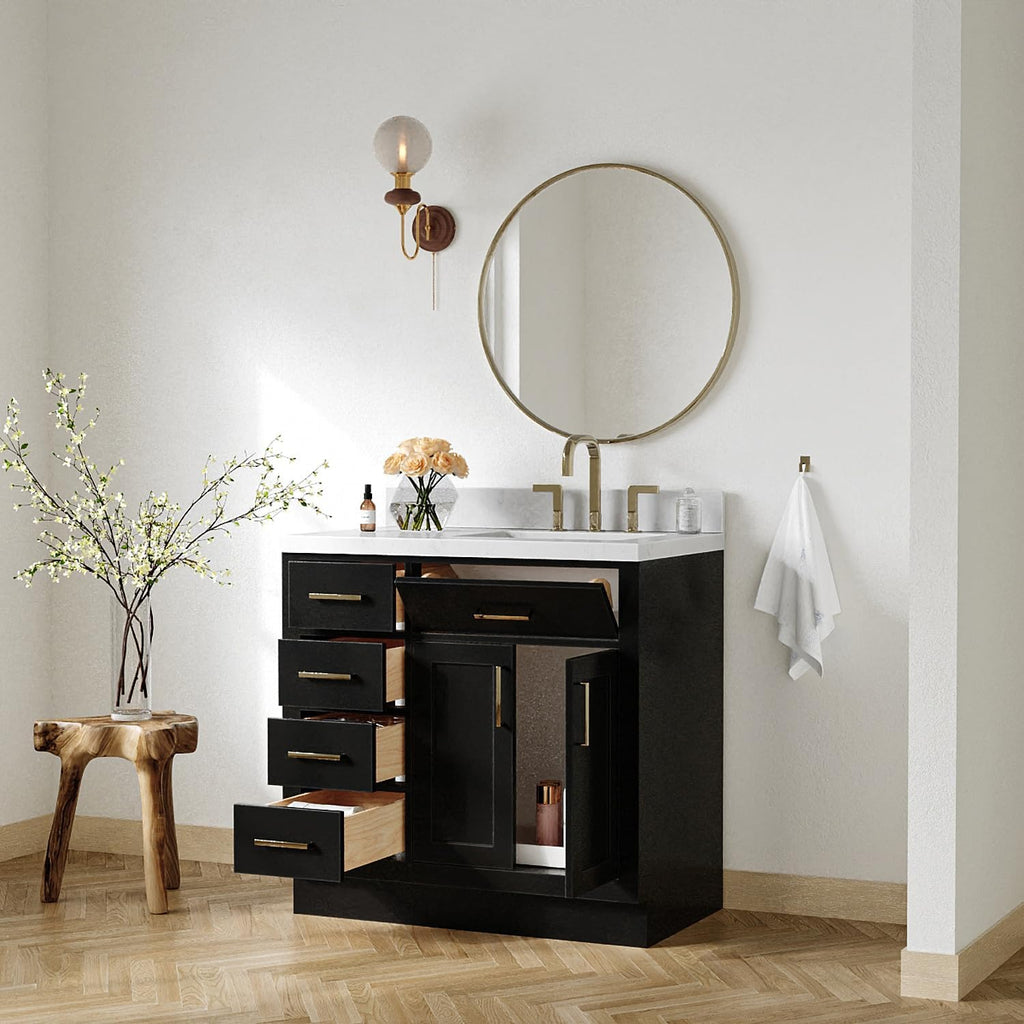 ARIEL Hepburn 36-inch Bathroom Vanity with Sink,Solid Wood, 1.5-inch Carrara White Quartz Countertop & Backsplash, Single Rectangular Porcelain Sink, 2 Soft Closing Doors, 5 Dovetail Drawers, Black