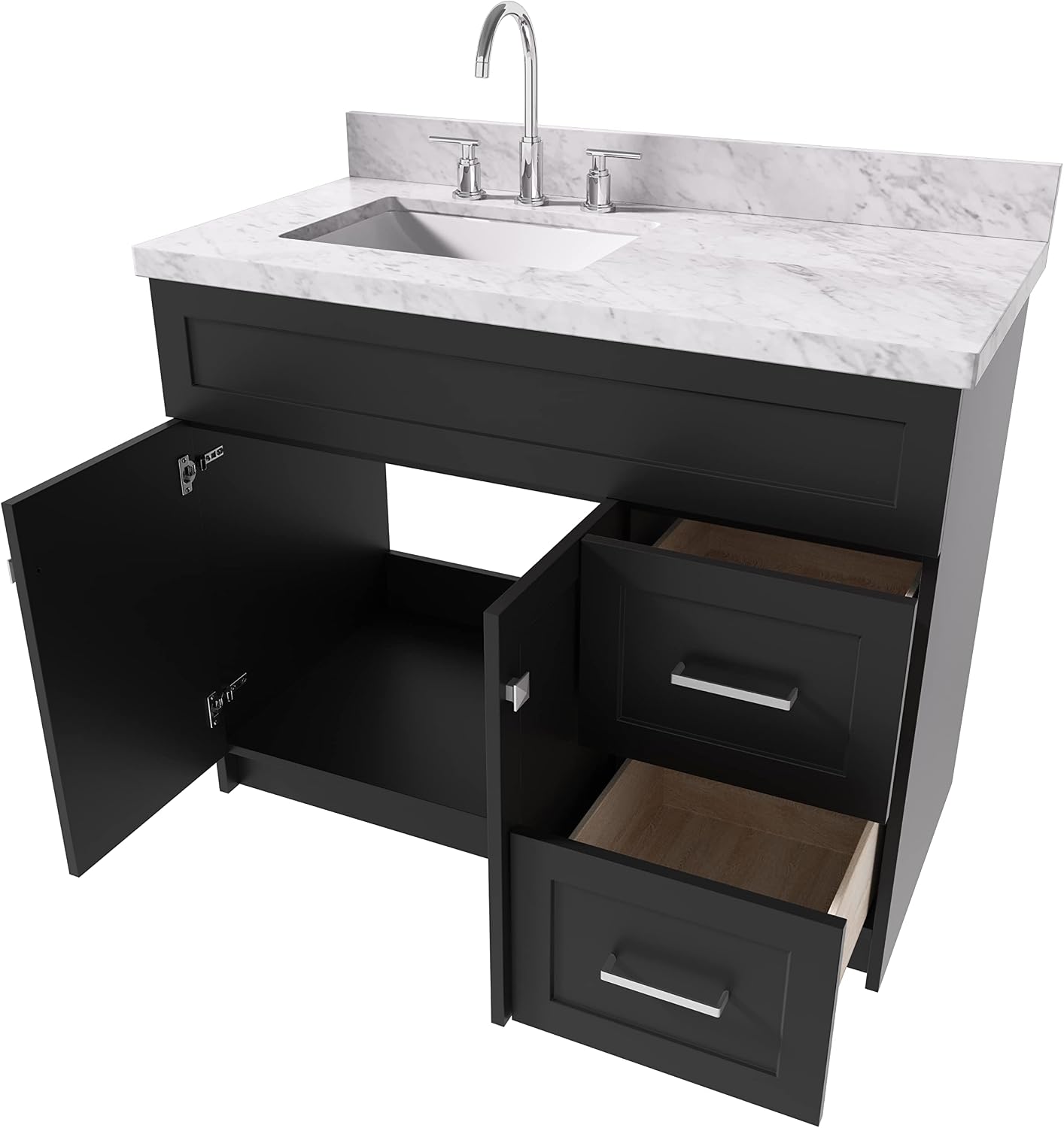 ARIEL 42' Gray Single Bathroom Vanity with Rectangular Sink, 1.5' Italian Carrara Marble Top, Solid Wood, 2 Soft Closing Doors, 2 Full Extension Dovetail Drawers, Brushed Nickel