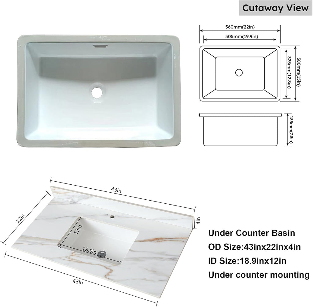 43 Inch Marble Vanity Top with Sink, Sintered Stone Vanity Sink Top with Undermount Ceramic Sink & Backsplash, Single Hole Countertops for Bathroom (Belly Golden)
