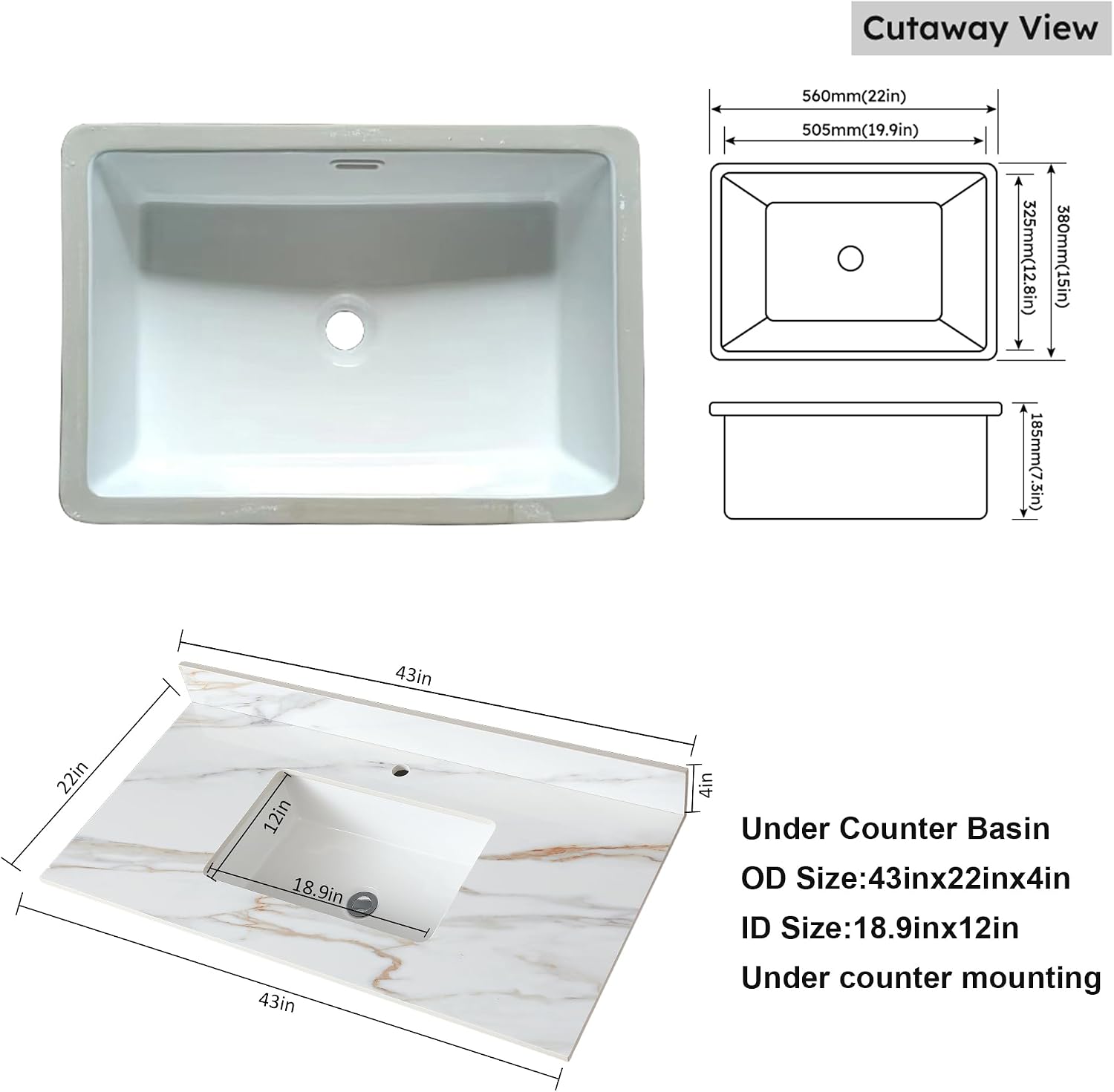43 Inch Marble Vanity Top with Sink, Sintered Stone Vanity Sink Top with Undermount Ceramic Sink & Backsplash, Single Hole Countertops for Bathroom (Belly Golden)
