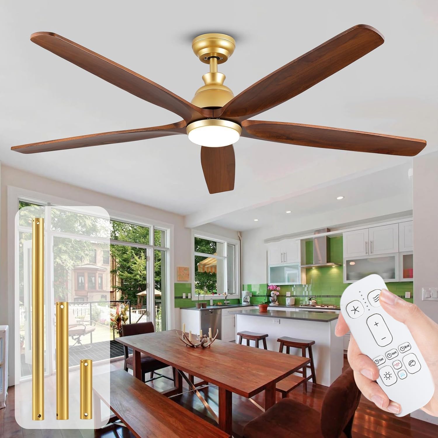 72 inch Gold Ceiling Fans with Lights and Remote, Large Airflow Solid Wood Ceiling Fan with 5 Blades, 3CCT Dimmable, Indoor Quiet DC Motor Celing Fans Exterior for Covered Patios Porch
