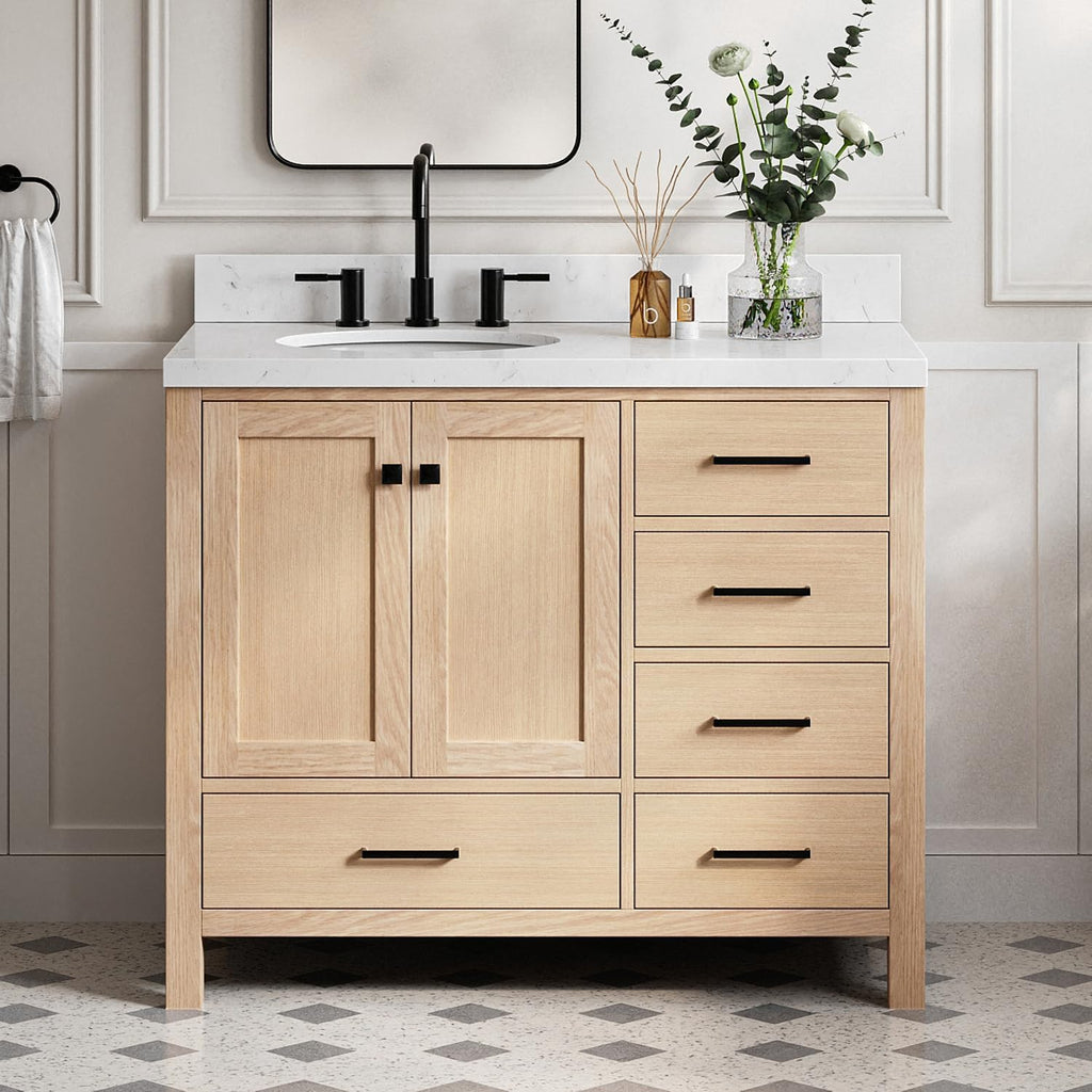 DKB Beckford 42-Inch Oak Single Bathroom Vanity with Sink, Carrara White Quartz Countertop & 4' Backsplash, Soft Closing Drawer & Door, Matte Black Hardware