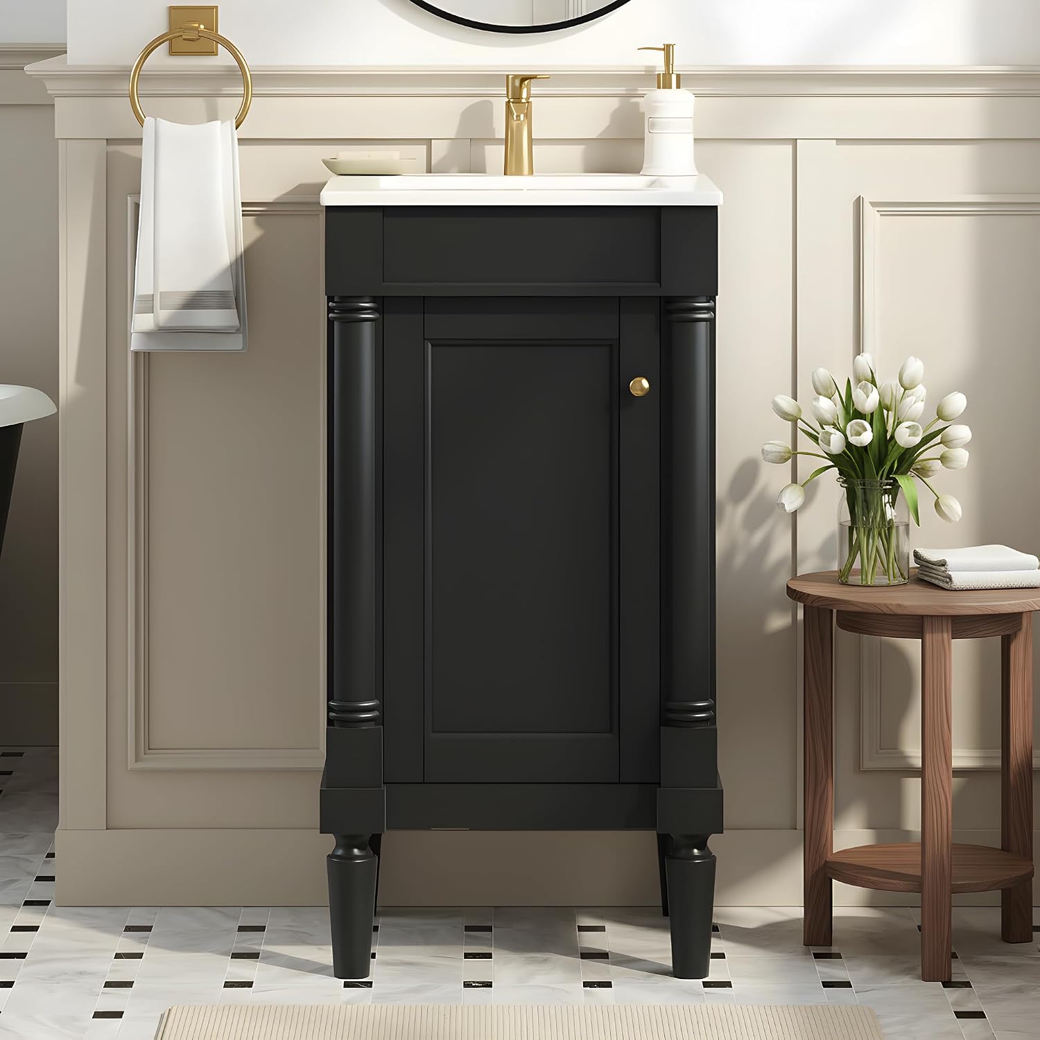 Merax 18' Bathroom Vanity with Sink, Powder Room Small Bathroom Vanity with Single Door Cabinet, Ceramic Sink, Adjustable Shelf, Solid Wood Frame Bathroom Storage Cabinet