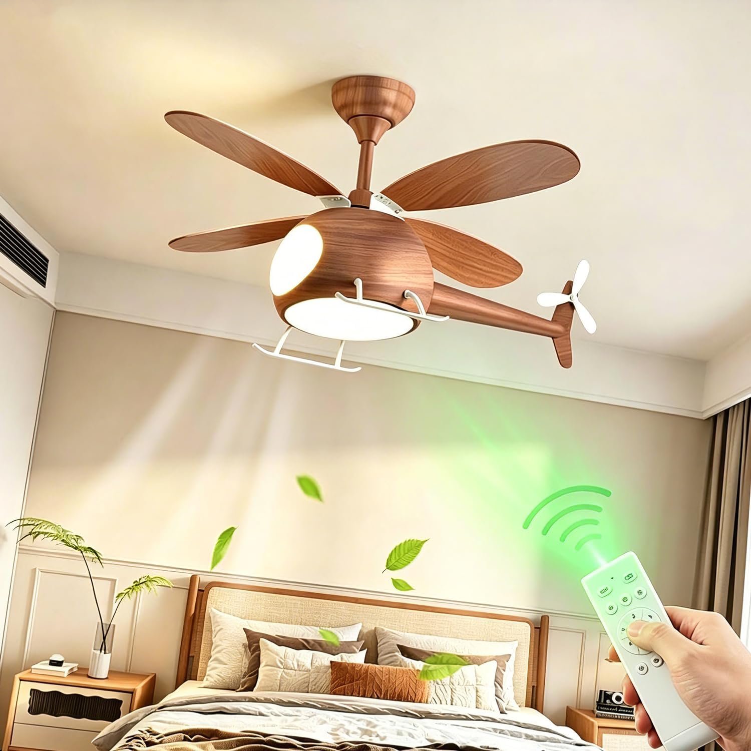 Children's Bedroom Ceiling Fan With Lights,Dimmable Kids Room Cartoon Ceiling Fan Lamp,Helicopter Model Wood Grain Airplane Pendant Light Decoration Fixtures,Remote Control Speed,Hydrographic Printing