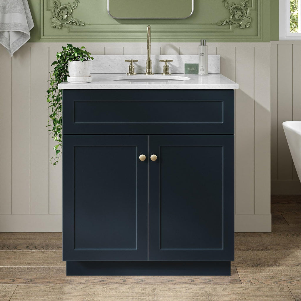 ARIEL Hamlet 30-inch Bathroom Vanity with Sink,Solid Wood, 0.75-inch Italian Carrara Marble Countertop & Backsplash, Single Oval Porcelain Sink, 2 Soft Closing Doors, Midnight Blue