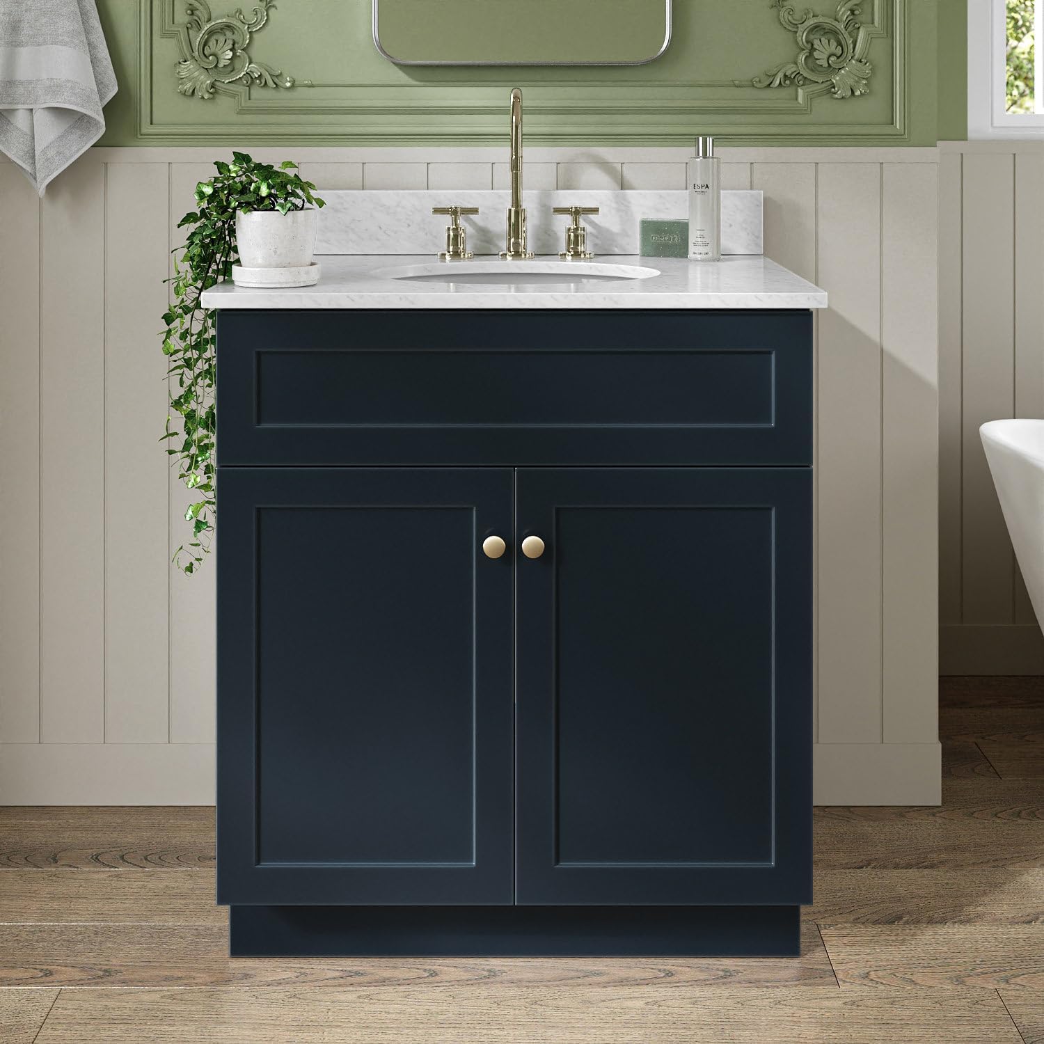 ARIEL Hamlet 30-inch Bathroom Vanity with Sink,Solid Wood, 0.75-inch Italian Carrara Marble Countertop & Backsplash, Single Oval Porcelain Sink, 2 Soft Closing Doors, Midnight Blue
