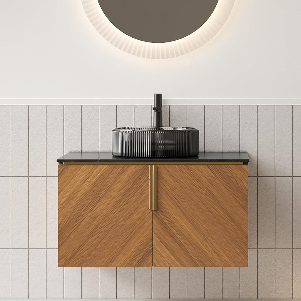 LKTART 30 Inch Bathroom Vanity with Sink, Modern Wall Mounted Bathroom Sink with 2 Doors, Black Sintered Stone Countertop and Black Round Glass Basin, Brown