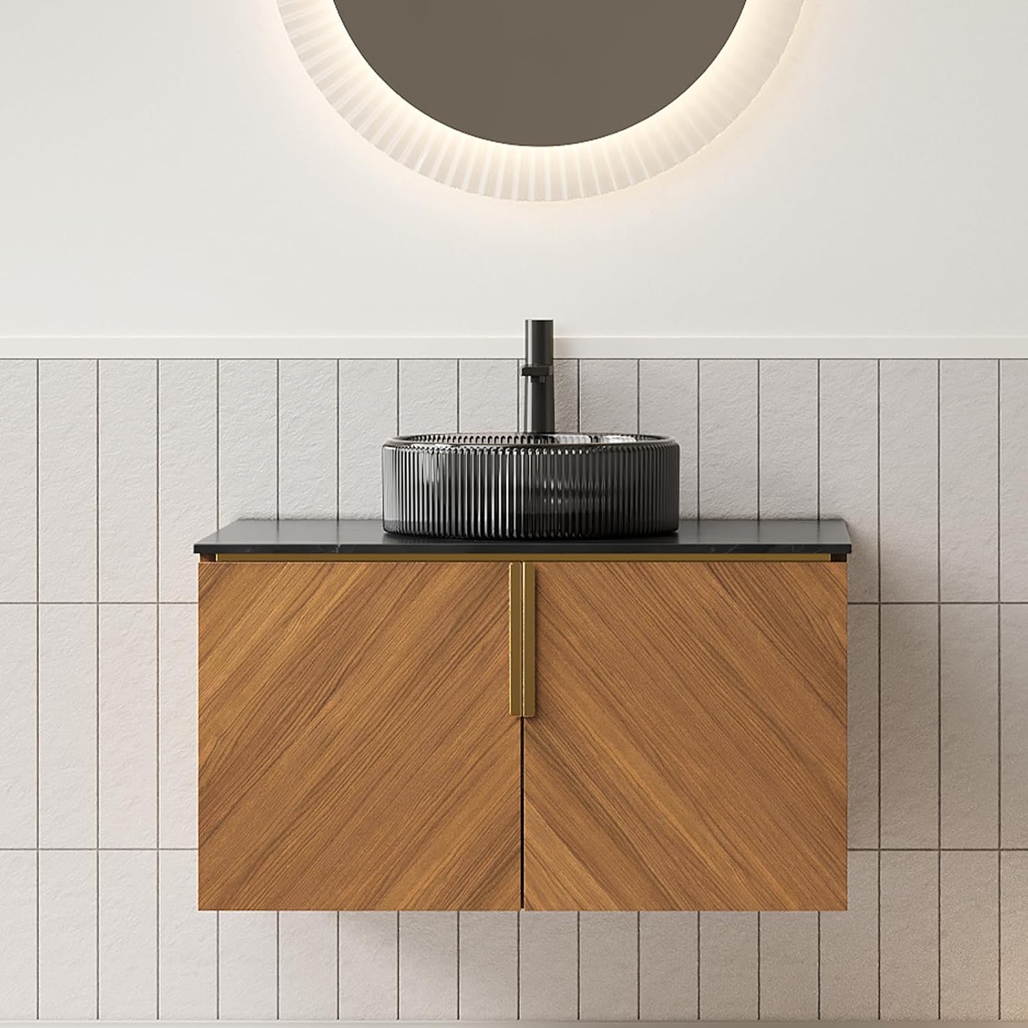 LKTART 30 Inch Bathroom Vanity with Sink, Modern Wall Mounted Bathroom Sink with 2 Doors, Black Sintered Stone Countertop and Black Round Glass Basin, Brown