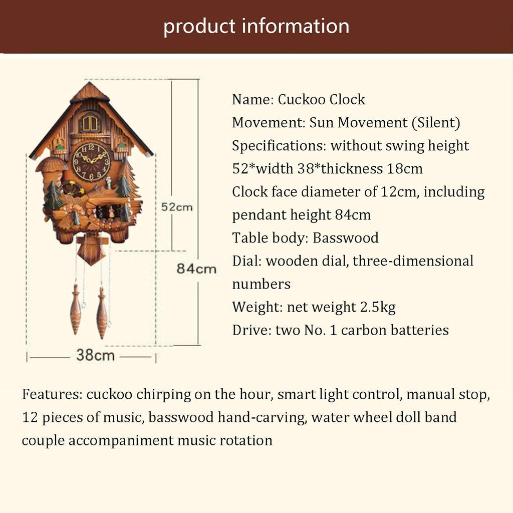 Large Wooden Black Forest Cuckoo Clock - Hand-Carved - Decorative Modern with Pendulum and 12 Music Retro 3D Home Decor Cuckoo Wall Clock B,84X38x18cm