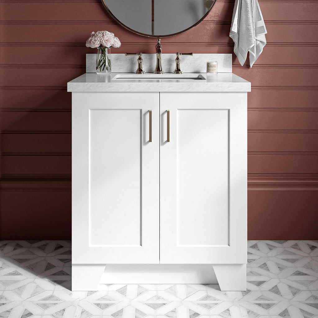 ARIEL Taylor 30-inch Bathroom Vanity with Sink,Solid Wood, 1.5-inch Italian Carrara Marble Countertop, Single Rectangular Porcelain Sink, 2 Soft Closing Doors, 1 Dovetail Drawers, White