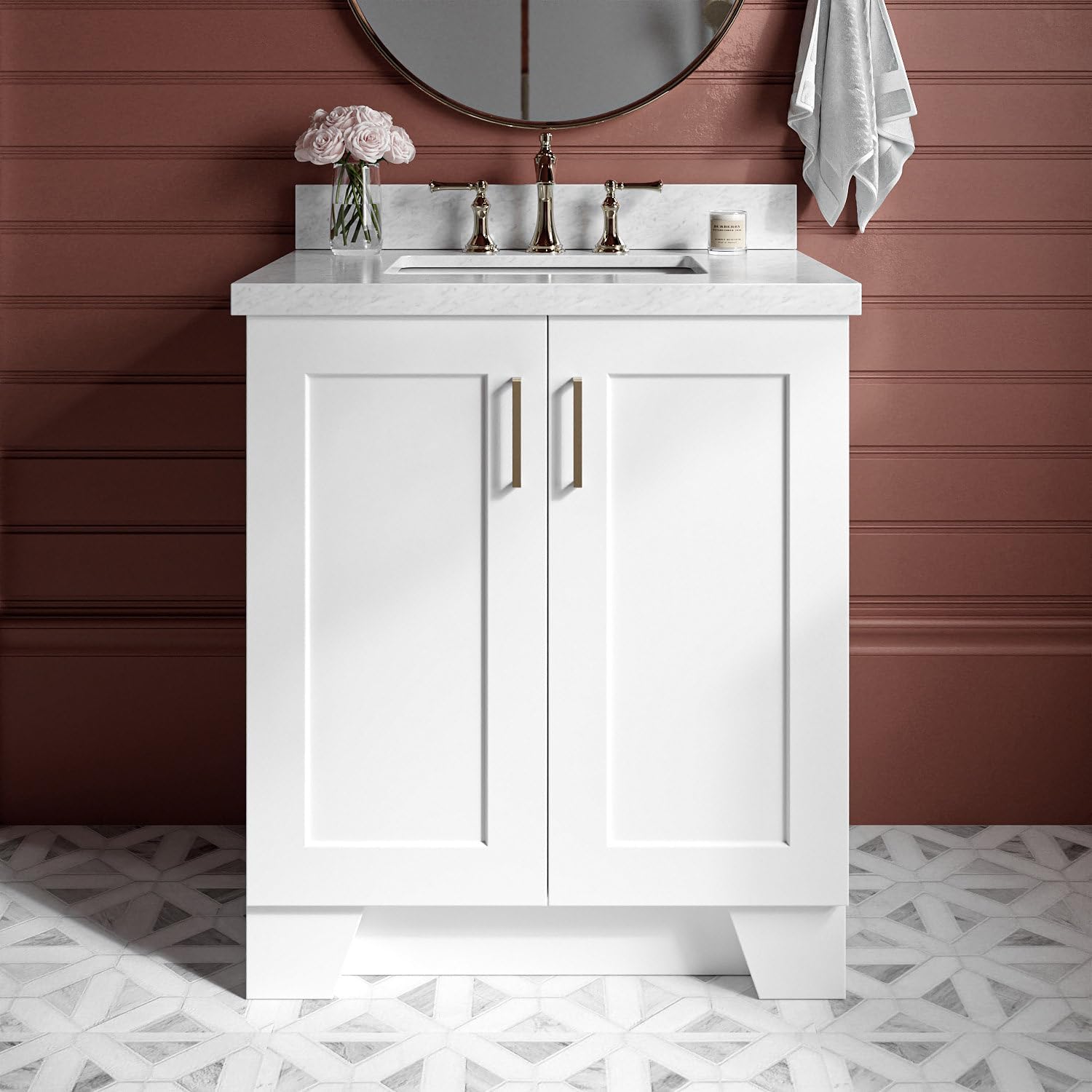 ARIEL Taylor 30-inch Bathroom Vanity with Sink,Solid Wood, 1.5-inch Italian Carrara Marble Countertop, Single Rectangular Porcelain Sink, 2 Soft Closing Doors, 1 Dovetail Drawers, White