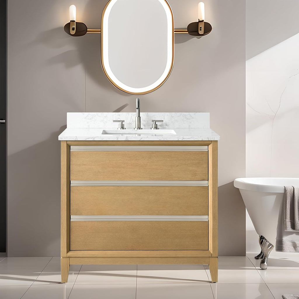 HOMEBEYOND 36 Inch Bathroom Vanity with Sink & Ceramic Top, Vanity Cabinet with Solid Wood Frame, Soft-Closing Doors, Drawers, Natural Oak