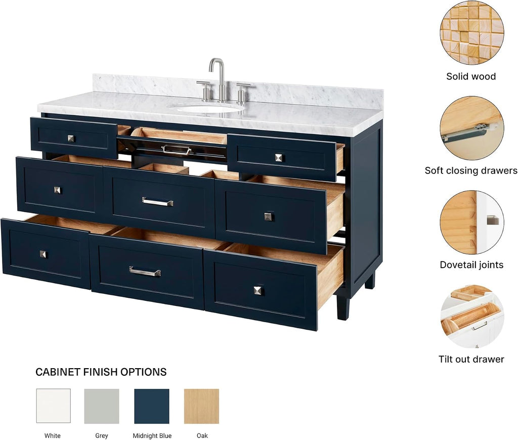 ARIEL Monroe 66-inch Bathroom Vanity with Sink,Solid Wood, 1.5-inch Italian Carrara Marble Countertop & Backsplash, Single Oval Porcelain Sink, 9 Dovetail Drawers, Midnight Blue