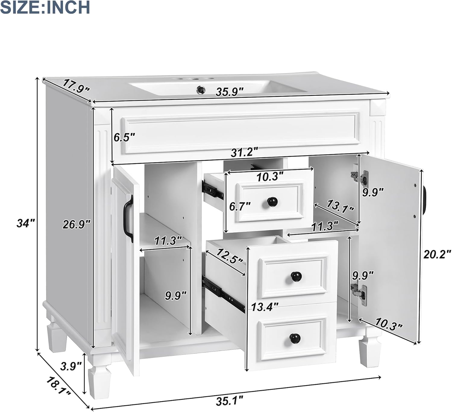 Linique 36' Bathroom Vanity with Top Sink,Bathroom Storage Cabinet with 2 Soft Closing Doors and 2 Storage Drawers,Modern Single Sink Bathroom Vanity(White)