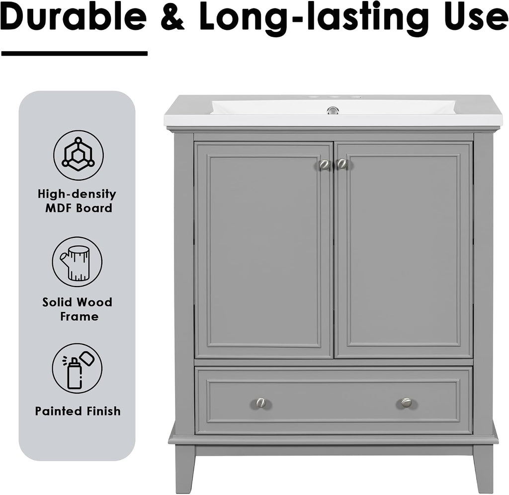 30' Bathroom Vanity Cabinet with Ceramic Sink Top Set, Multi-Functional Drawers and Storage Rack, Soft Closing Doors, Freestanding, Solid Wood Frame & MDF Board, Grey