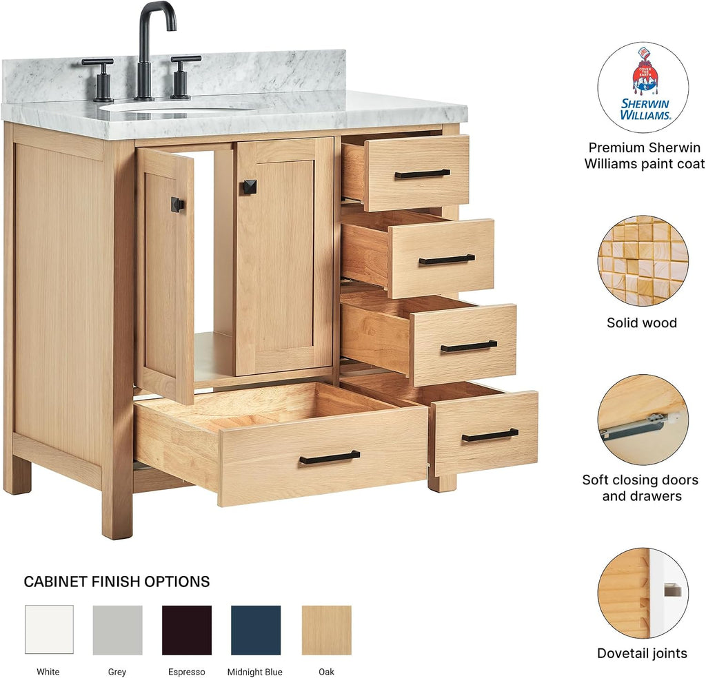 DKB Beckford 36-Inch Oak Single Bathroom Vanity with Sink, Italian Carrara Marble Countertop & 4' Backsplash, Soft Closing Door & Drawer, Matte Black Hardware