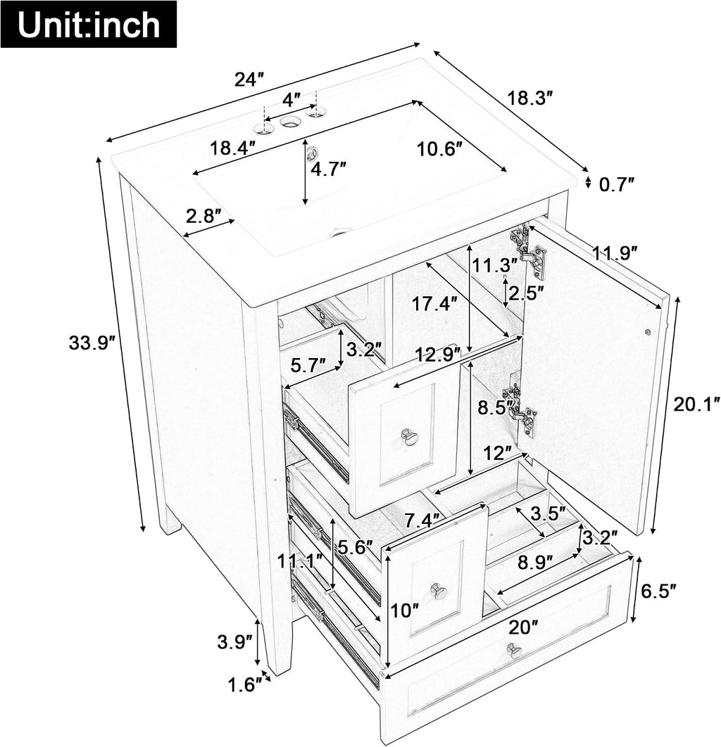 Harper & Bright Designs 24' Bathroom Vanity with Sink, Free Standing Vanity Set with 2 Drawers, Removable Dividers, and Adjustable Shelf, Wood Bathroom Cabinet with Ceramic Basin for Bathroom, White