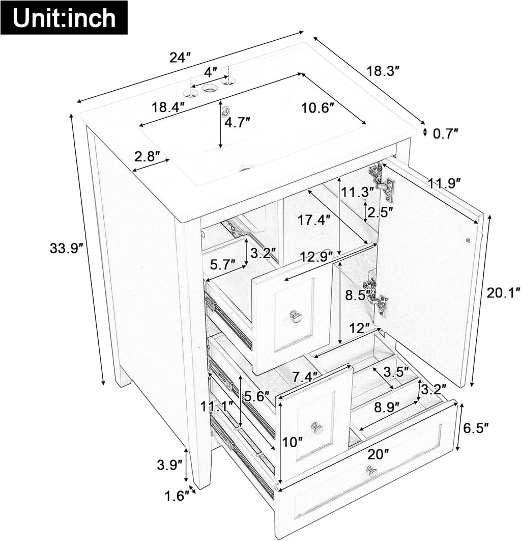 24' Bathroom Vanities with Undermount Ceramic Sink, Multi-Functional Storage Cabinet with Three Drawers and Adjustable Shelf, Soft-Closing Door, Solid Wood Legs, White