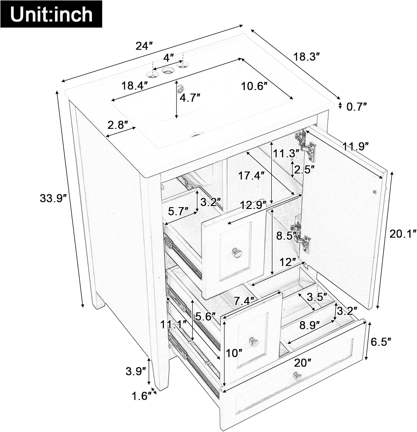 24' Bathroom Vanities with Undermount Ceramic Sink, Multi-Functional Storage Cabinet with Three Drawers and Adjustable Shelf, Soft-Closing Door, Solid Wood Legs, White