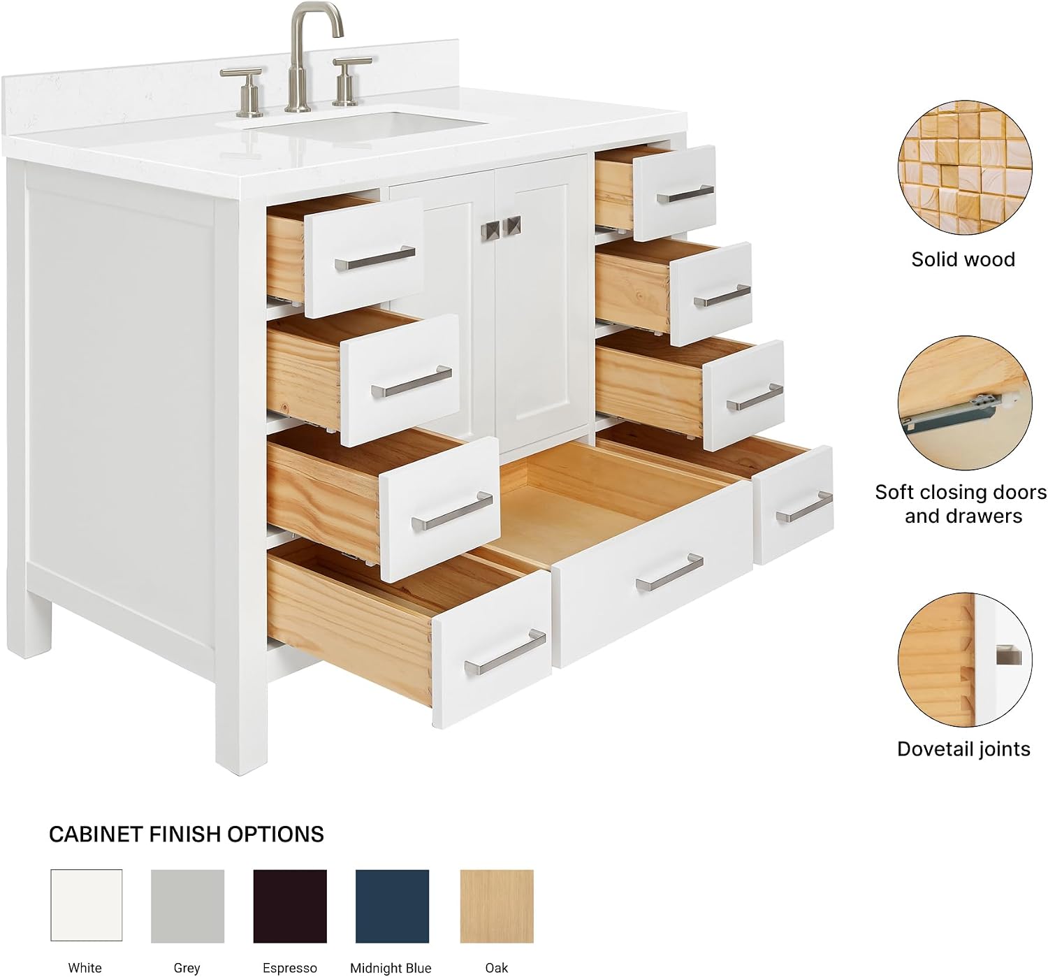 ARIEL Cambridge 42-inch Bathroom Vanity with Sink,Solid Wood, 1.5-inch Carrara White Quartz Countertop, Single Rectangular Porcelain Sink, 2 Soft Closing Doors, 9 Dovetail Drawers, White