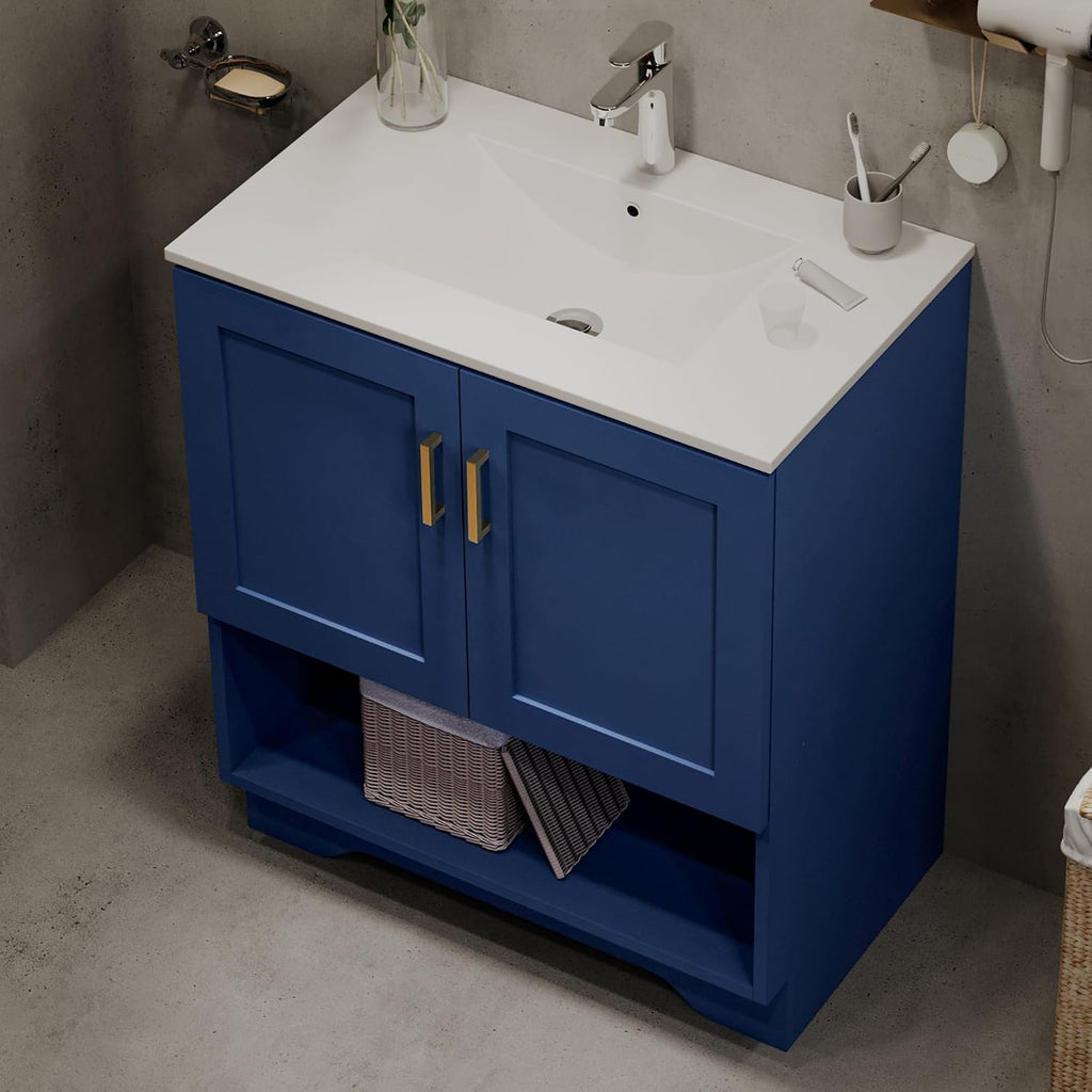 30 Inch Modern Bathroom Vanity with Ceramic Sink - Freestanding Cabinet 2 Soft-Close Doors & 1 Open Shelf, White Space-Saving Design for Powder Rooms (Blue)