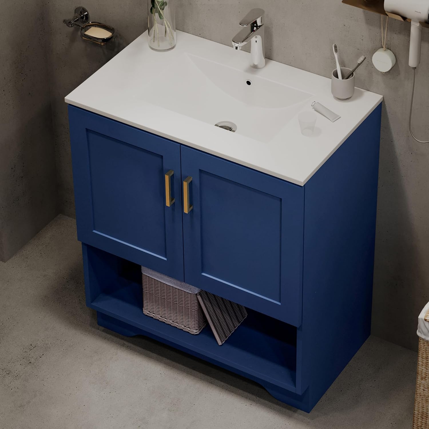 30 Inch Modern Bathroom Vanity with Ceramic Sink - Freestanding Cabinet 2 Soft-Close Doors & 1 Open Shelf, White Space-Saving Design for Powder Rooms (Blue)