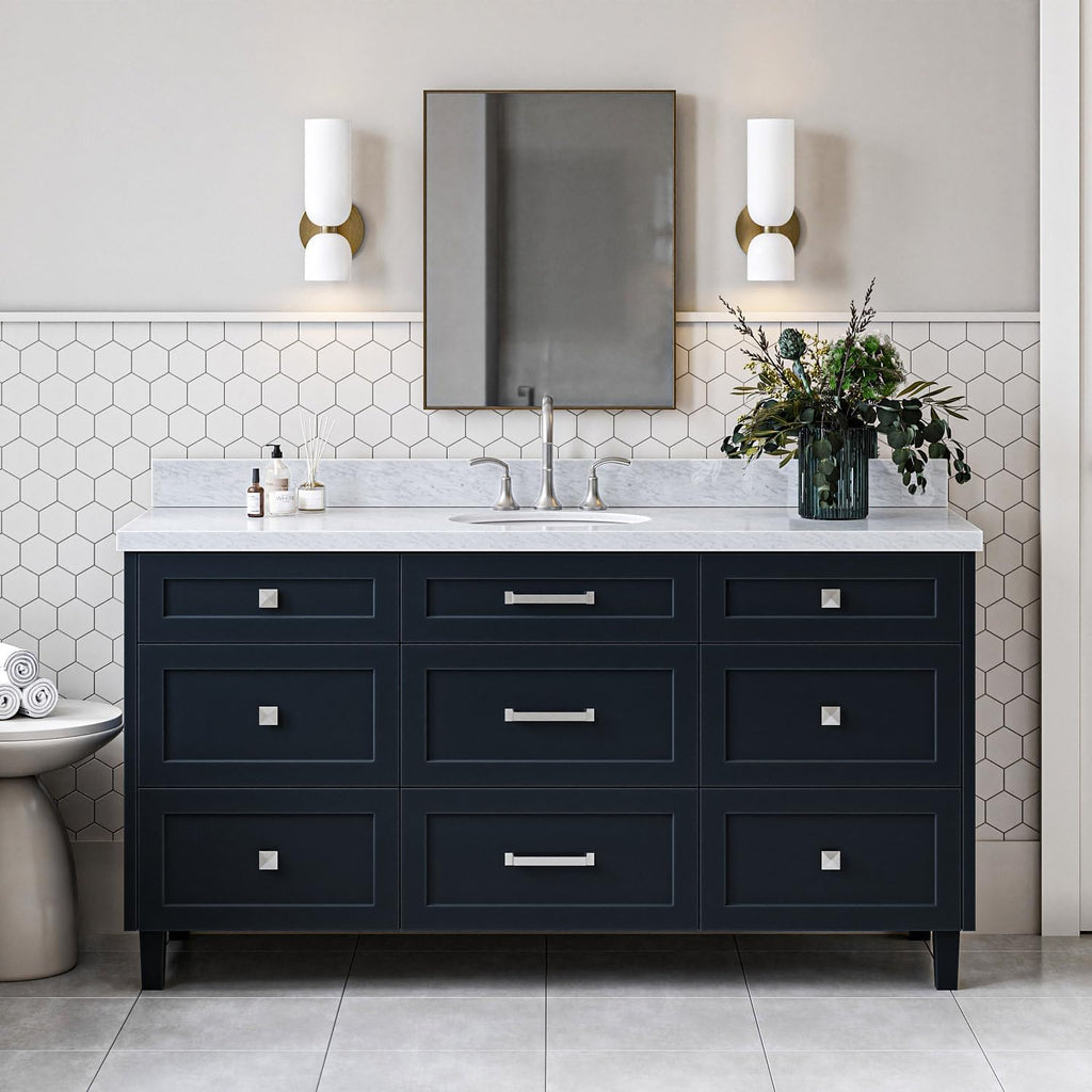 ARIEL Monroe 66-inch Bathroom Vanity with Sink,Solid Wood, 1.5-inch Italian Carrara Marble Countertop & Backsplash, Single Oval Porcelain Sink, 9 Dovetail Drawers, Midnight Blue