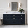 ARIEL Monroe 66-inch Bathroom Vanity with Sink,Solid Wood, 1.5-inch Italian Carrara Marble Countertop & Backsplash, Single Oval Porcelain Sink, 9 Dovetail Drawers, Midnight Blue