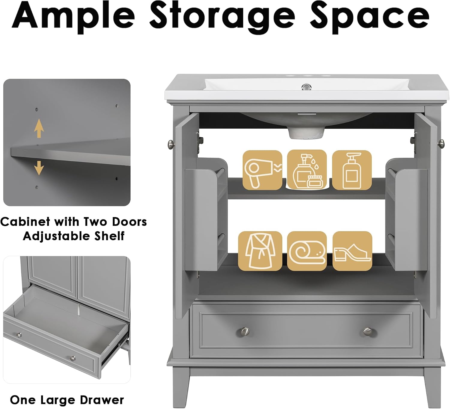 30' Bathroom Vanity Cabinet with Ceramic Sink Top Set, Multi-Functional Drawers and Storage Rack, Soft Closing Doors, Freestanding, Solid Wood Frame & MDF Board, Grey