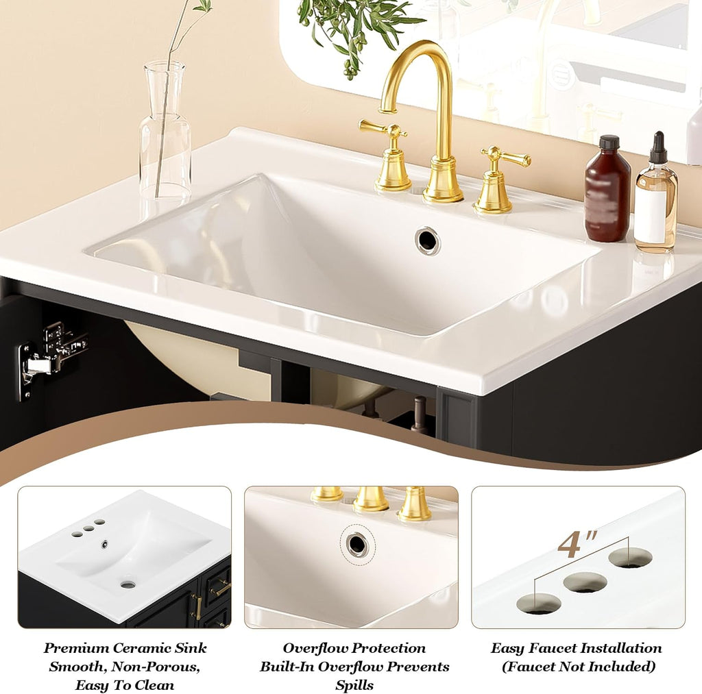 Harper & Bright Designs 24' Bathroom Vanity with Sink, Free-Standing Vanity Set with 3 Drawers in Different Sizes, Door-Mounted Rack, Wood Bathroom Cabinet with Ceramic Basin for Bathroom, Black