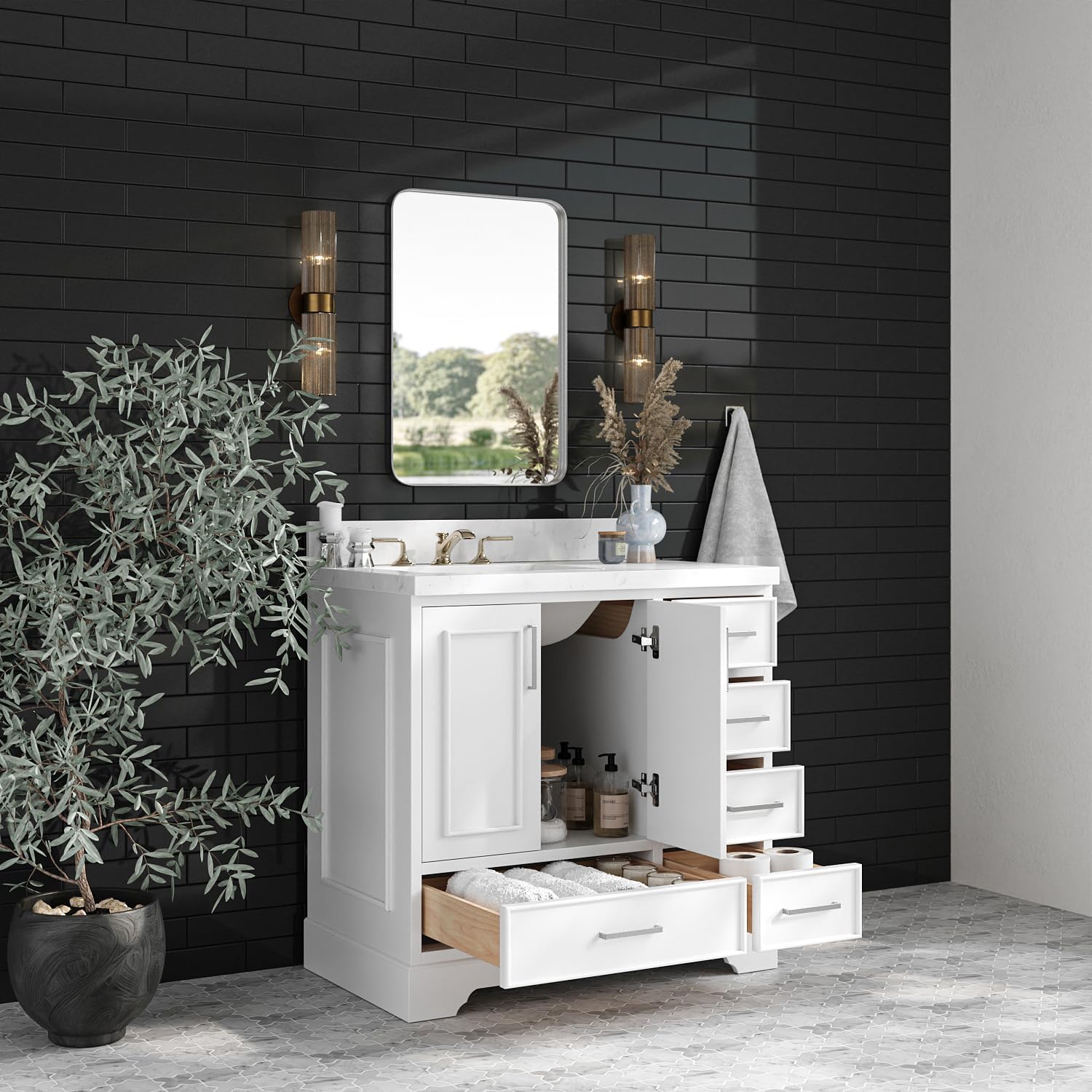 ARIEL Stafford 36-inch Bathroom Vanity with Sink,Solid Wood, 1.5-inch Carrara White Quartz Countertop, Single Rectangular Porcelain Sink, 2 Soft Closing Doors, 5 Dovetail Drawers, White