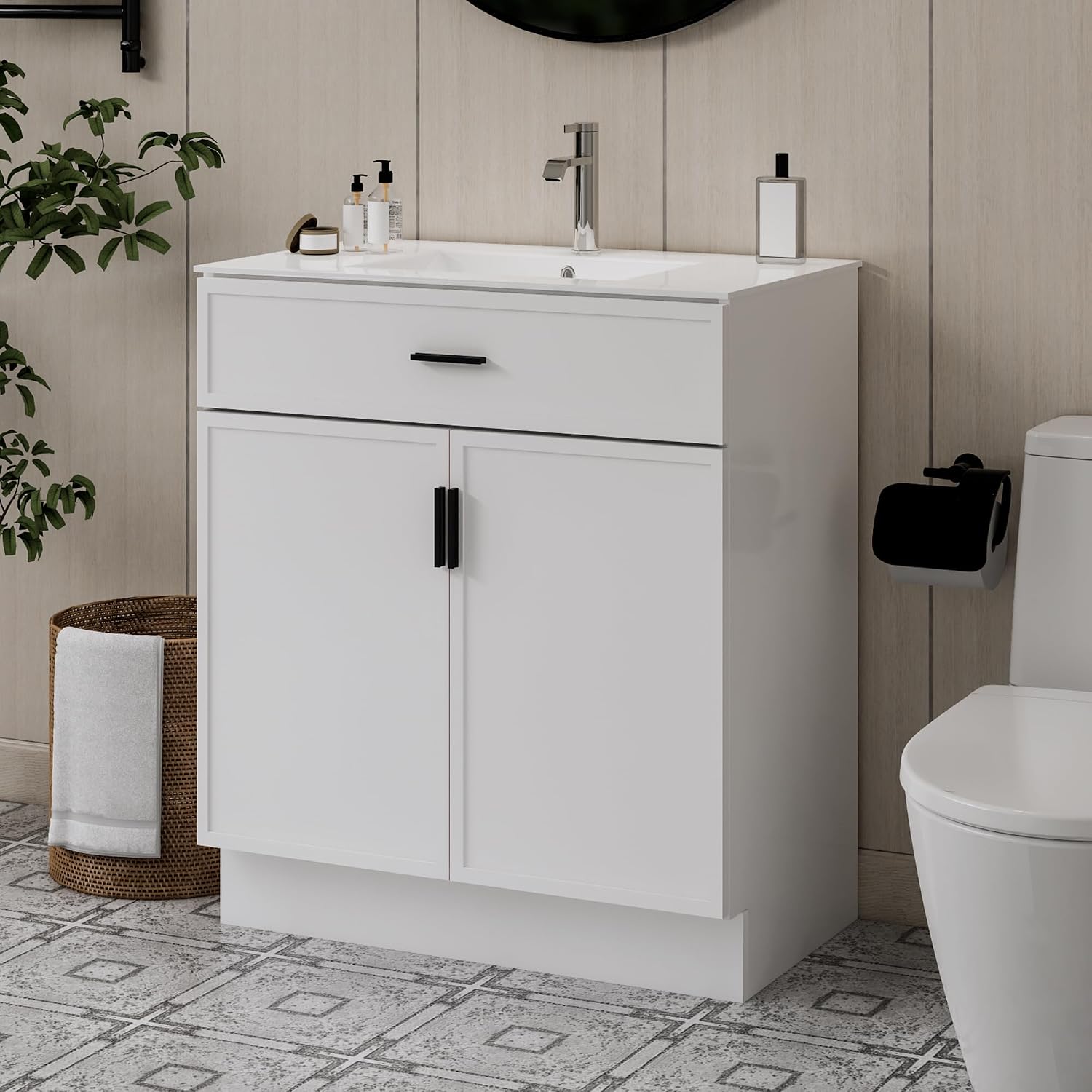 30 Inch White Bathroom Vanity with Ceramic Sink, Modern Freestanding Bathroom Cabinet with Soft-Close Doors & Storage, Moisture-Resistant Paint Surface, Single Sink Vanity for Small Bathroom