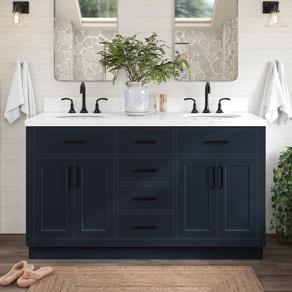 ARIEL Hepburn 60-inch Bathroom Vanity with Sink,Solid Wood, 1.5-inch Carrara White Quartz Countertop, Double Oval Porcelain Sink, 4 Soft Closing Doors, 6 Dovetail Drawers, Midnight Blue
