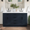 ARIEL Hepburn 60-inch Bathroom Vanity with Sink,Solid Wood, 1.5-inch Carrara White Quartz Countertop, Double Oval Porcelain Sink, 4 Soft Closing Doors, 6 Dovetail Drawers, Midnight Blue