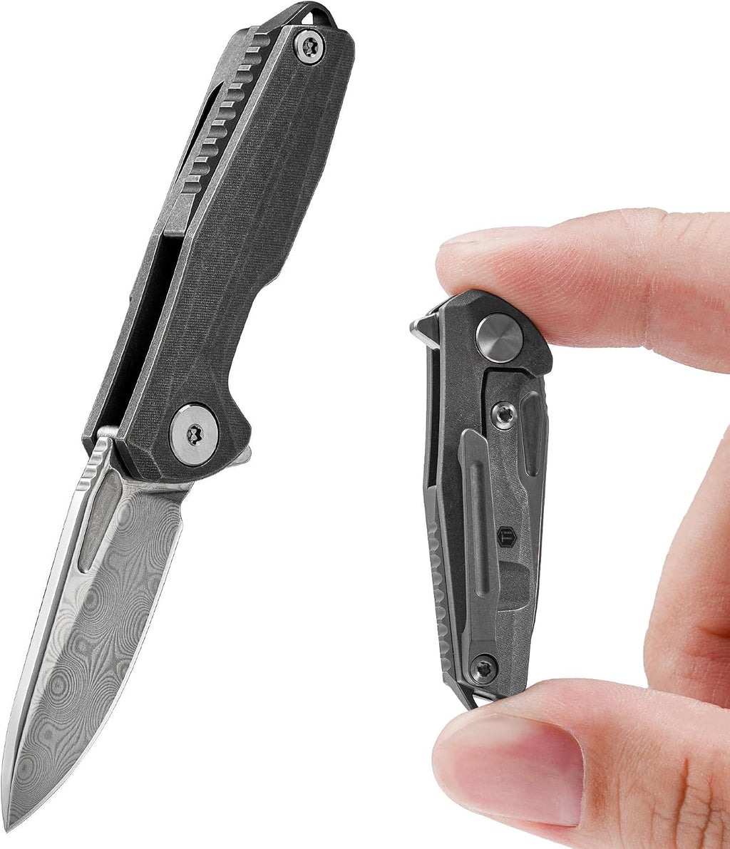 KeyUnity Titanium Mini Knife, Damascus Pattern Blade 1.34', Pocket Utility Tool with Clip for Everyday Carry