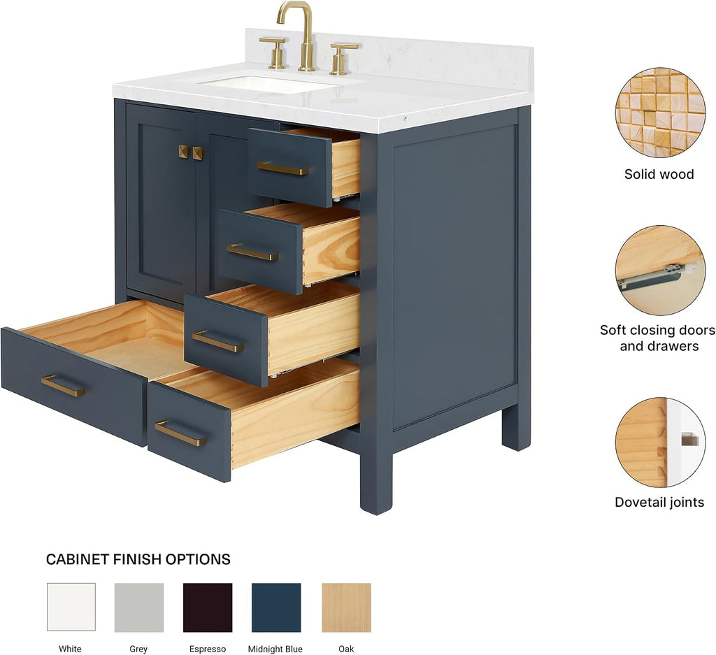 ARIEL Cambridge 36-inch Bathroom Vanity with Sink,Solid Wood, 1.5-inch Carrara White Quartz Countertop, Single Rectangular Porcelain Sink, 2 Soft Closing Doors, 5 Dovetail Drawers, Midnight Blue