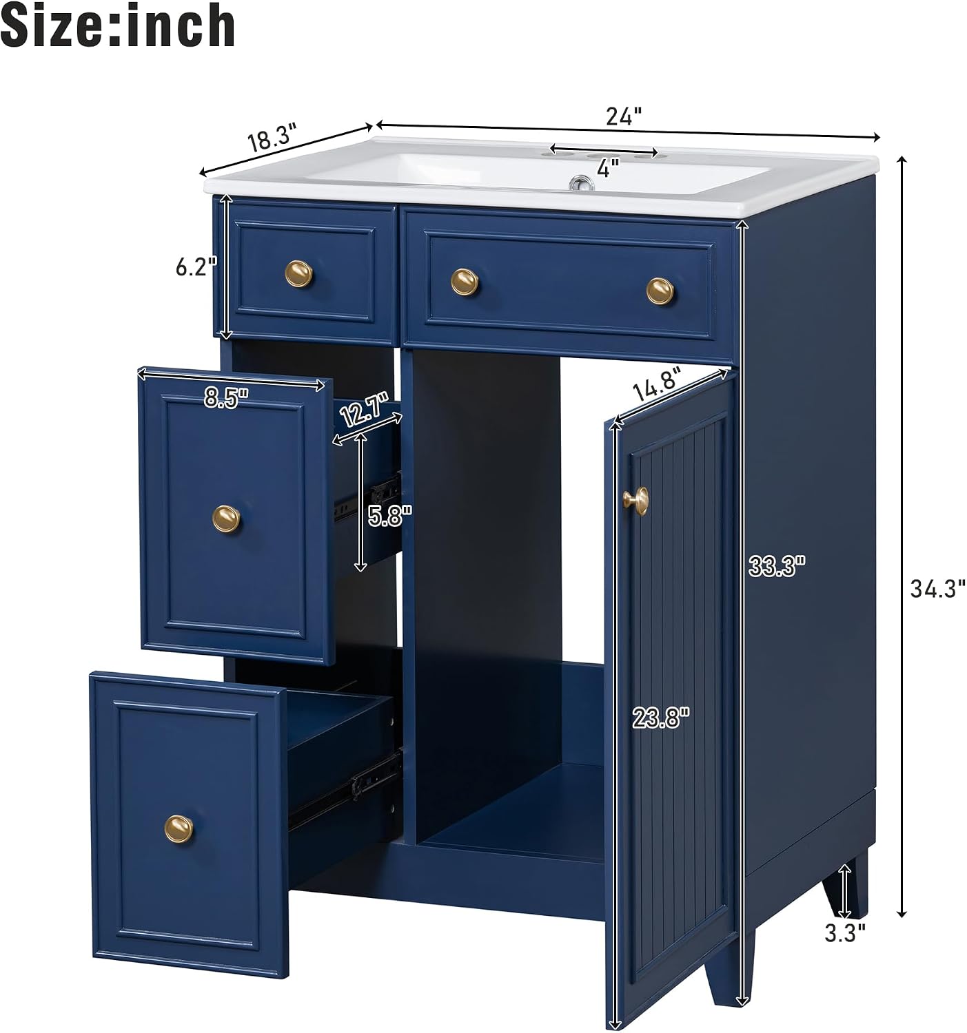 24-inch Bathroom Vanity with Sink Combo Set, Free-Standing Single Storage Cabinet with 2 Drawers and Single Door, Vanity with Ceramic Basin for Bathroom (Blue)