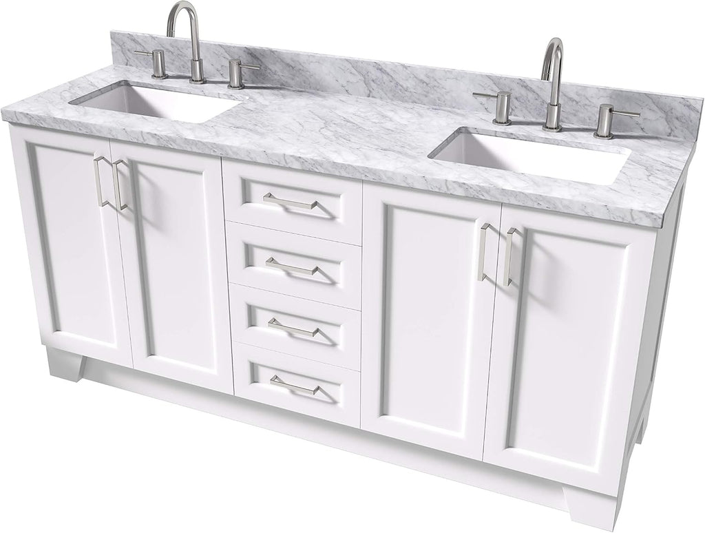 ARIEL Taylor 72-inch Bathroom Vanity with Sink,Solid Wood, 1.5-inch Italian Carrara Marble Countertop, Double Rectangular Porcelain Sink, 4 Soft Closing Doors, 6 Dovetail Drawers, White