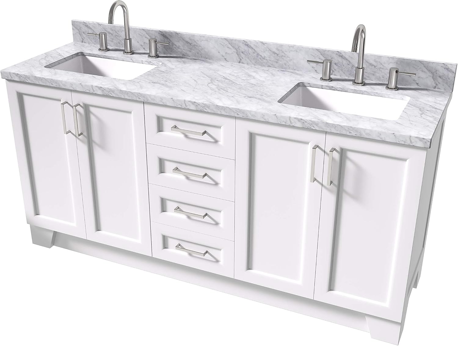 ARIEL Taylor 72-inch Bathroom Vanity with Sink,Solid Wood, 1.5-inch Italian Carrara Marble Countertop, Double Rectangular Porcelain Sink, 4 Soft Closing Doors, 6 Dovetail Drawers, White